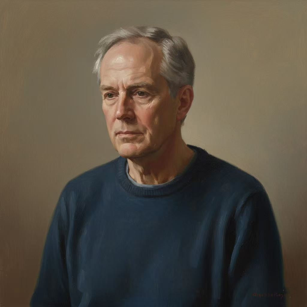 Custom oil-style portrait of an older man, realistically painted from a single reference photograph, shown in a three-quarter view with soft brushwork, natural skin tones, and a neutral background— TIMELESSTAY