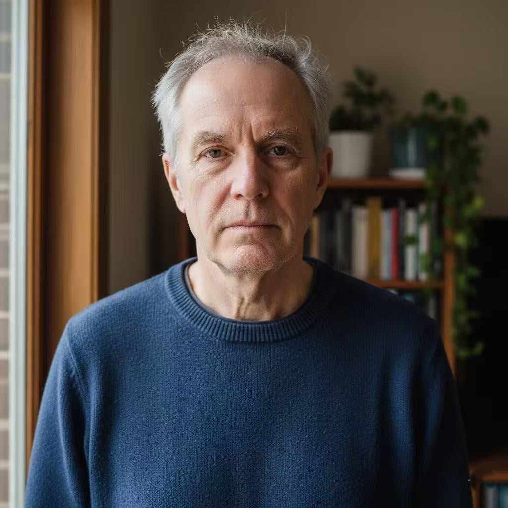 Reference photograph of an older man used as the source image for a custom oil-style portrait, shown in natural indoor light with a neutral, everyday setting.— TIMELESSTAY